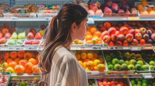 Contemplative woman in produce aisle. Healthy grocery shopping. Fresh fruits and vegetables choice.