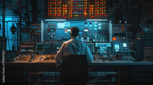 Engineer is working behind several work stations in a big control room