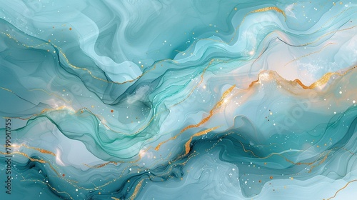 Abstract painting with blue and green waves and golden splashes
