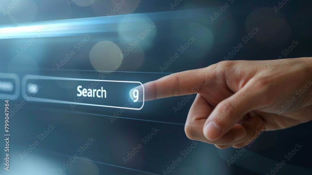 Futuristic interface of a business search with a human hand interacting touchlessly Futuristic interface of a business search with a human hand interacting touchlessly