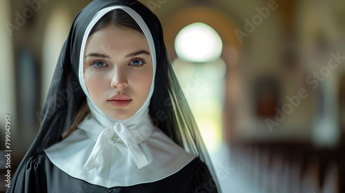 Portrait of a young nun wearing a traditional veil. (Ai generated)

