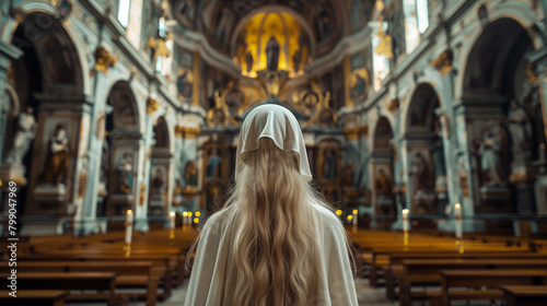Backside of a woman in a church. (Ai generated)

 photo