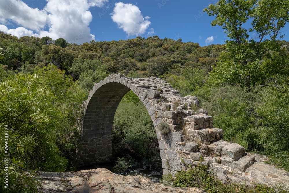 View of the remains of the medieval Roman bridge of Alcanzorla, on the Guadarrama river, Galapagar, Community of Madrid.