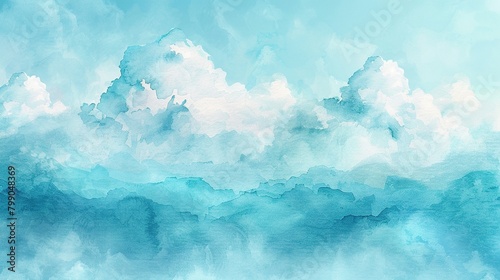Serene blue sky watercolor background with white clouds and a hint of mountains in the distance.