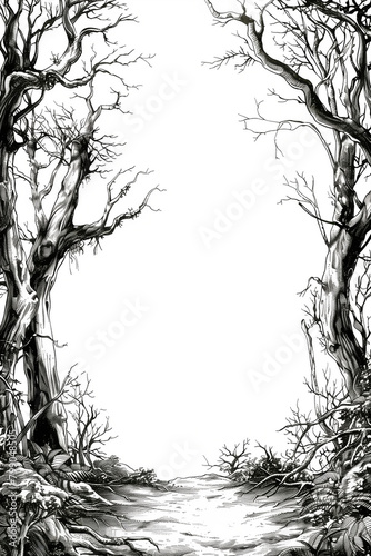Eerie monochrome forest path illustration with barren trees. © connel_design