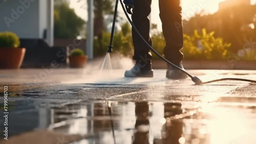 Close up worker cleaning driveway with pressure washer, professional cleaning service, Deep cleaning under high pressure. photo