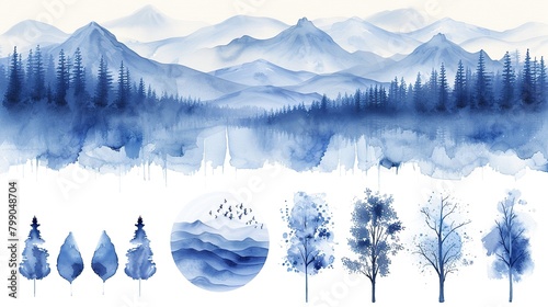 Blue watercolor landscape with mountains, trees, and lake. Additional elements include trees, leaves, and a mountain range.