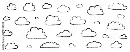 Chalk grunge cloud set. Hand drawn vector stock kid crayon illustration isolated on white background for design template art children education material, weather forecast, business presentation. 