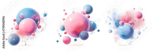 Set of three vector illustration, pink and blue abstract bubbles with white background