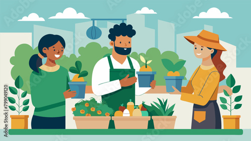 An entrepreneur selling potted culinary herbs at a farmers market sharing tips and recipes with her customers..