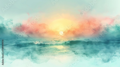 Tranquil watercolor painting of a beach at sunset with gentle waves and a setting sun. © Man888