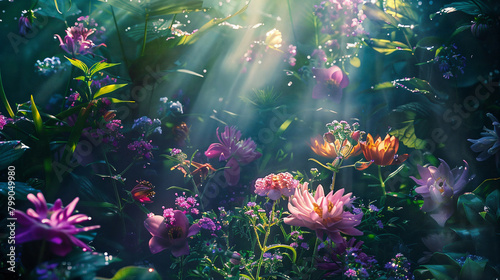 Shining Flowers  Enchanting Moonbeams  Botanical Scene  glistening Morning 