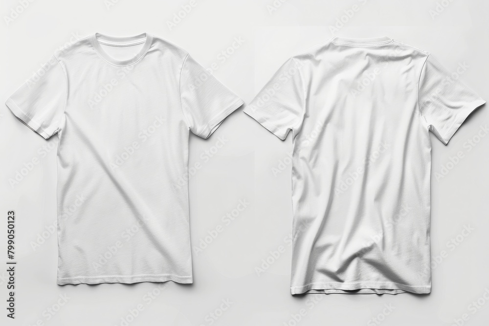 Men's white blank T-shirt template, from two sides, mockup for print, isolated on a white background.