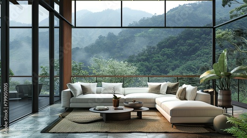 Interior design of a modern, luxury spacious living room with a comfortable white couch, a coffee table, a large glass window with an amazing nature view, and decor AI generated