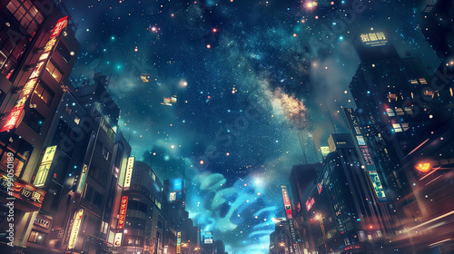 A cityscape with a bright blue sky and stars. The city is lit up with neon signs and lights. Scene is peaceful and serene  with the stars shining brightly in the sky above the city