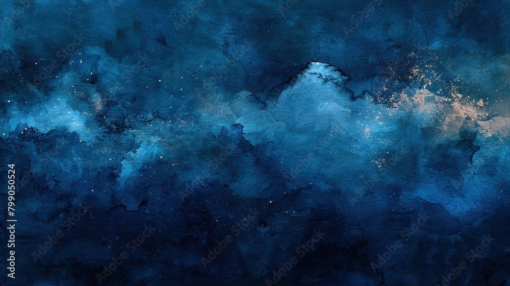 Abstract watercolor deep blue night sky with shining stars and clouds.