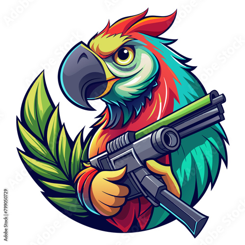 Vibrant parrot holding a sleek gun, capturing the juxtaposition of nature and weaponry