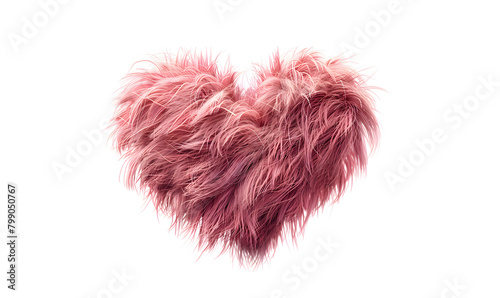 Heart made of pink fur on a white isolated background. Gift card for Valentine's day, birthday, mother's day.