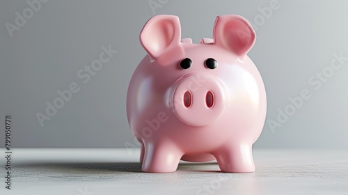 Glossy pink piggy bank on a minimalist pink and white background for saving concept photo