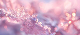 Magical light pink festive abstract glitter background with blinking stars and falling snowflakes. Blurred bokeh of Christmas lights.