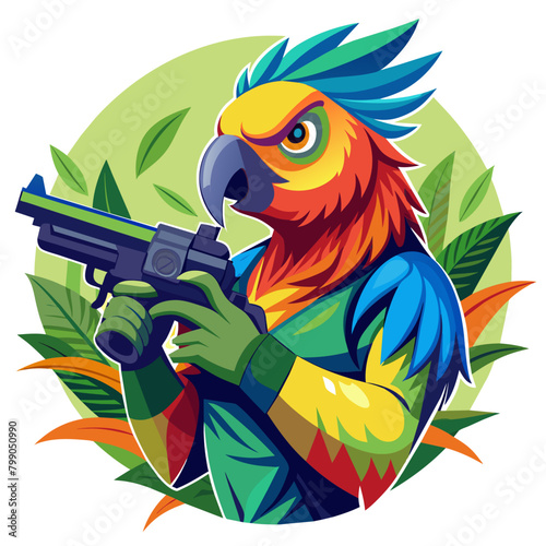 Vibrant parrot holding a sleek gun, capturing the juxtaposition of nature and weaponry