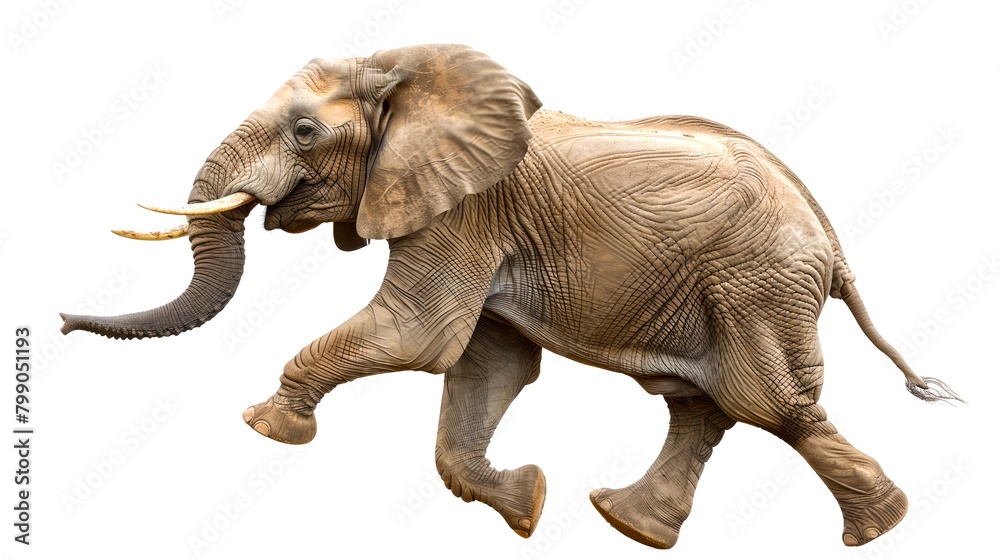 Obraz premium Majestic African elephant in motion. Detailed wildlife photography. Perfect for educational and creative projects. Realistic animal depiction with a clear background. AI