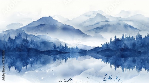 Blue watercolor painting of mountains and lake.