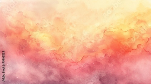 Abstract watercolor painting. Colorful clouds with stars. Pink, yellow and orange.