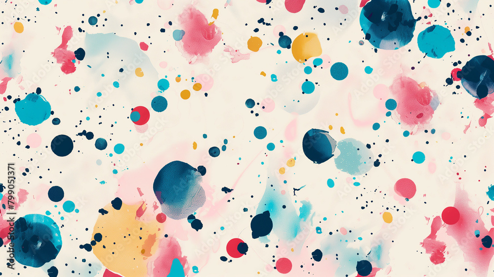 A colorful painting with many dots and splatters of paint. The painting is abstract and has a playful, energetic feel to it A colorful painting with many dots and splatters of paint. The painting is abstract and has a playful, energetic feel to it