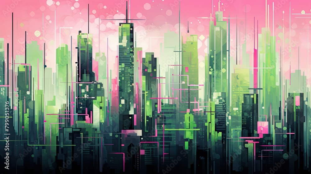 Abstract cityscape of towering skyscrapers in shades of neon green and cyberpunk pink
