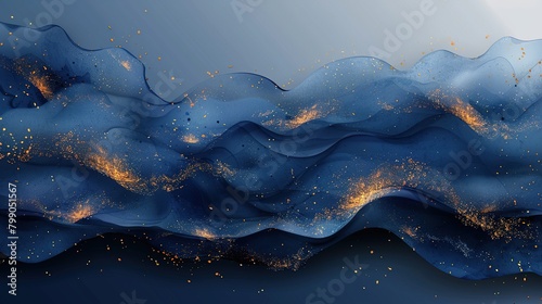 Abstract blue and gold background with glitter and flowing shapes.