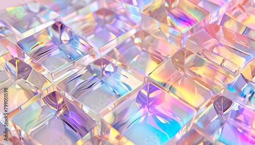  A closeup of iridescent crystal tiles, reflecting rainbow colors and an enchanting pattern on the wall surface. The tile's edges have intricate cut patterns that catch light with their clear photo
