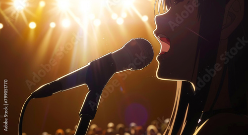 Cartoon image of female idol singer on stage..