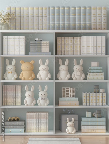 Meticulously organized nursery shelf display featuring a collection of cute toy rabbits, pastel-colored storage boxes, and decorative items, perfectly arranged for a serene and tidy child's room