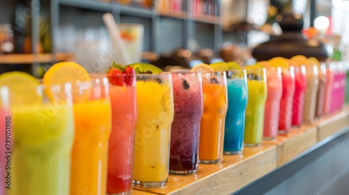 Colorful fruit smoothies in a row, representing variety and healthy choices.