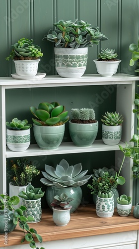 Variety of potted succulents are meticulously arranged on a contemporary white shelf, creating a vibrant display of greenery against a textured dark green wall