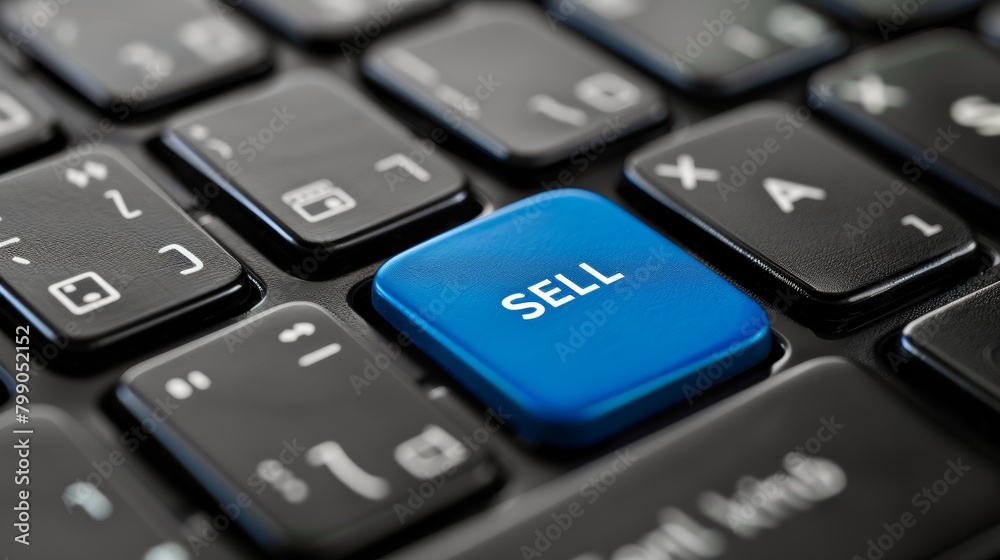 Close-up of a computer keyboard with a prominent blue 'SELL' button symbolizing online sales and trading Close-up of a computer keyboard with a prominent blue 'SELL' button symbolizing online sales and trading