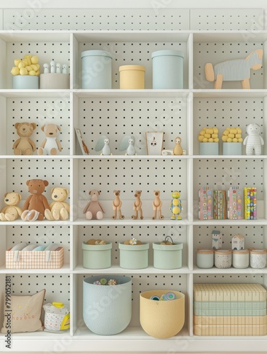 Stylish and neat nursery shelf storage featuring a variety of items including teddy bears, wooden toys, books, and decorative fabric baskets arranged on white cubby shelves