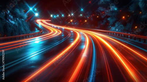 Busy Highway Traffic Trails in Night