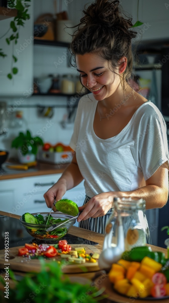 Woman preparing a fresh salad in her kitchen, embodying a healthy diet lifestyle. Woman preparing a fresh salad in her kitchen, embodying a healthy diet lifestyle.