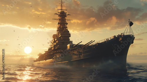 Majestic vintage battleship cruises through ocean waters, highlighted by a vivid sunset sky and flying birds