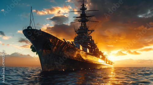 Majestic view of a vintage battleship moving forward under the stunning colors of sunset sky reflecting on ocean waves photo