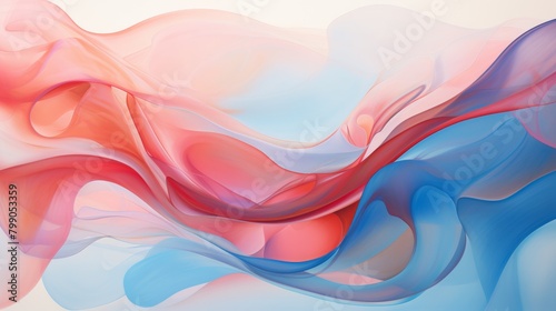 An abstract design featuring flowing lines and swirling shapes in shades of red and blue,