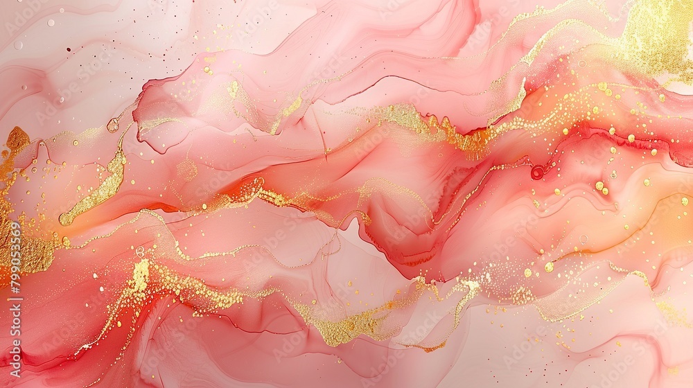 Delicate pink and gold abstract painting. Soft pastel colors. Alcohol ink technique.