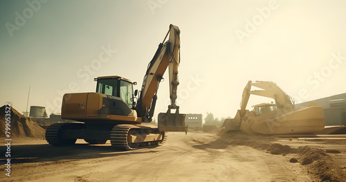 Working tirelessly under extreme heat at a construction site, using a powerful excavator to load sand into a large industrial truck. photo