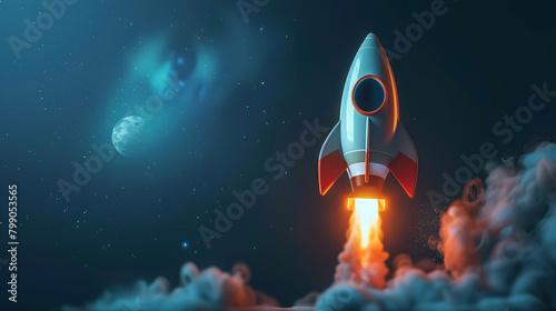 A cartoon rocket ship blasting off into space with a starry background and a planet in the distance.