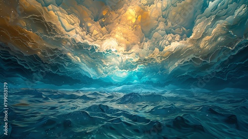 Capture the vast oceans depths in a wide-angle oil painting, merging nanotechnology concepts seamlessly into the underwater worlds abstract beauty photo