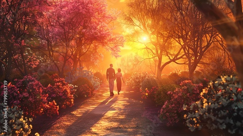 Picture a couple strolling through a blooming garden