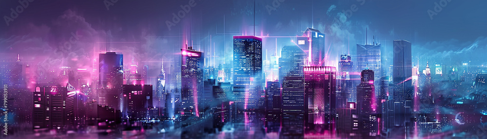 A digital painting of a cyberpunk city at night. The city is full of tall buildings, neon lights, and flying cars. The sky is dark and cloudy.