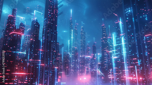 A digital painting of a cyberpunk city at night. The city is full of tall buildings  neon lights  and flying cars. The sky is dark and there are stars in the distance.